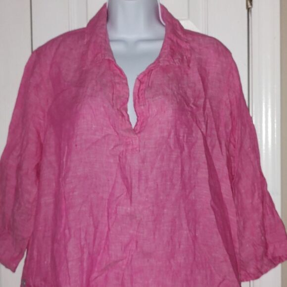 Tahari pink 100% linen tunic top 3/4 length sleeve Sz 1X - Picture 2 of 5